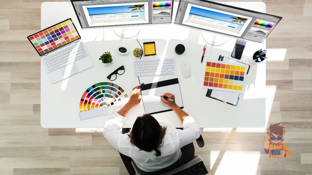 Top view of a graphic designer working at a white desk, with dual monitors displaying graphic design software, a digital drawing tablet, and color swatches, indicating a professional design workflow.