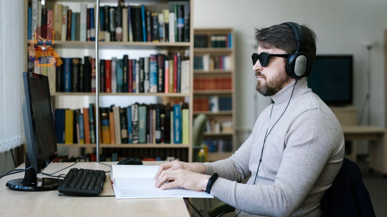 A user with visual impairments using assistive technology to navigate a website.