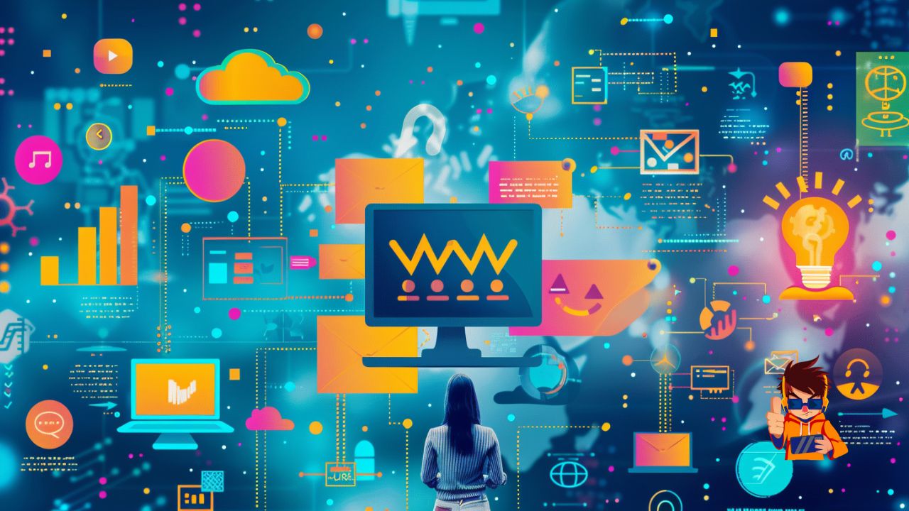 Illuminating the Digital Marketing Landscape: Core Skills for the Future A woman stands before a vibrant digital montage featuring assorted marketing and analytics icons such as graphs, lightbulbs symbolizing ideas, communication bubbles, and multimedia symbols, all set against a dynamic, abstract blue background.