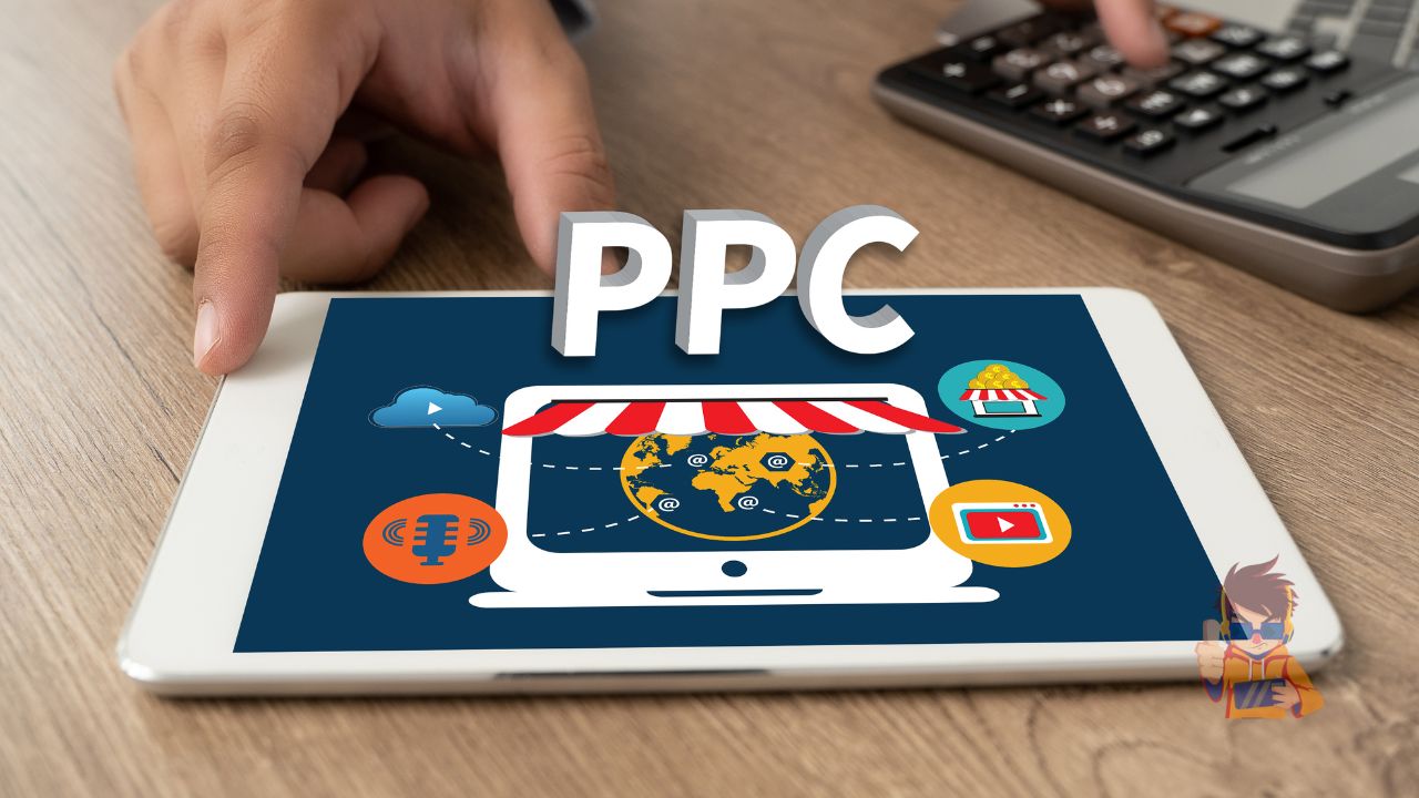 An illustration on a tablet depicting PPC (Pay Per Click) marketing elements including a calculator, 3D 'PPC' letters, an online store, social media icons, and a globe with connection points.