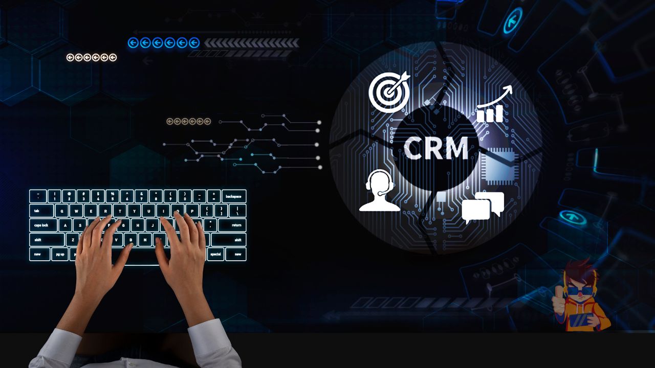 Hands typing on an illuminated keyboard with a digital interface displaying a CRM (Customer Relationship Management) concept, including icons for communication, target, analytics, and growth, against a dark background with futuristic circuit patterns.
