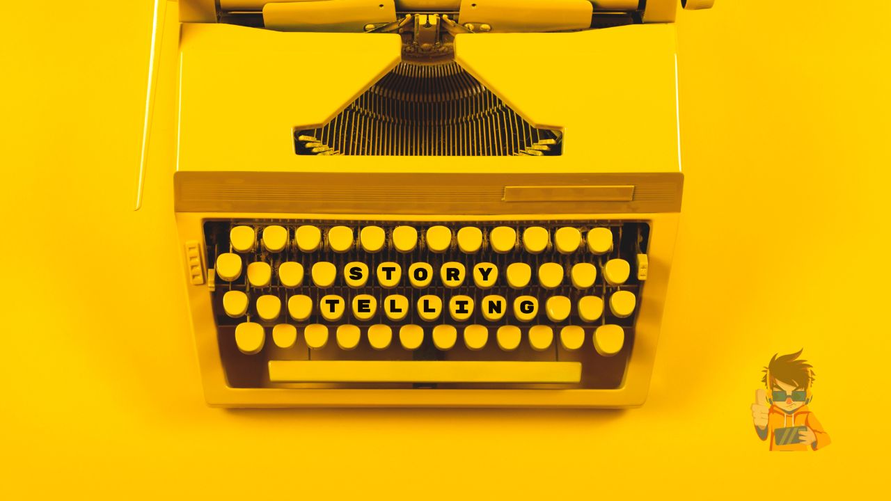 A bright yellow vintage typewriter on a yellow background with the words 'STORYTELLING' typed out in bold letters.
