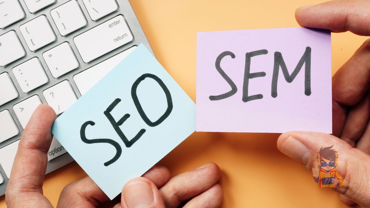 Two hands are shown holding up sticky notes against a keyboard background; one note is light blue with 'SEO' written on it and the other is lavender with 'SEM'.