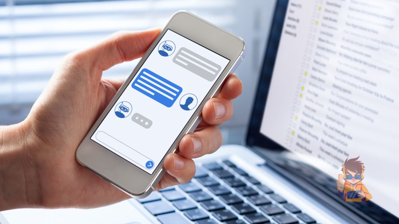 Illustration of a customer interacting with an AI-powered chatbot on a mobile device.