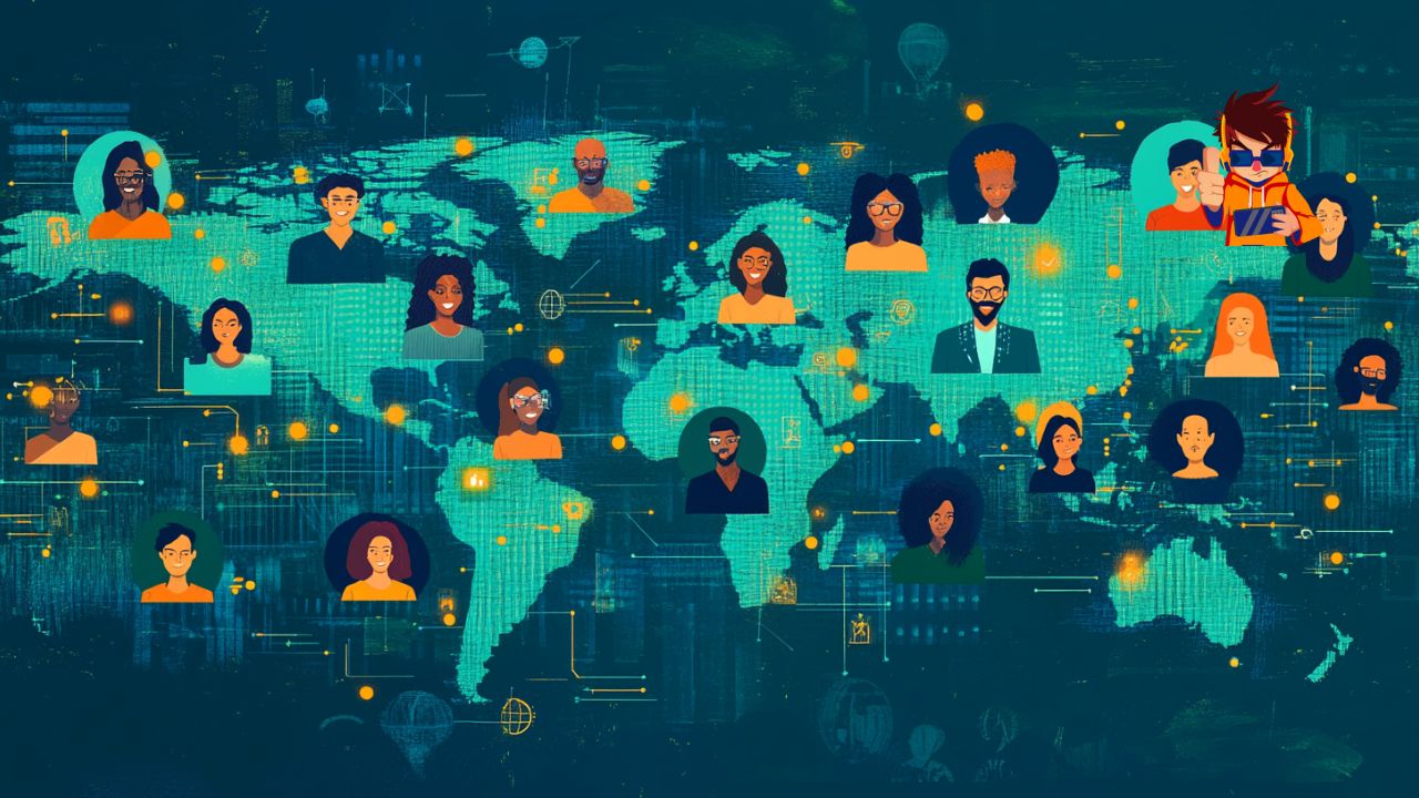 The Rise of Remote Work Challenges and Opportunities for Global Teams Illustration showing global remote teams collaborating via video conferencing and digital tools, connected across time zones.