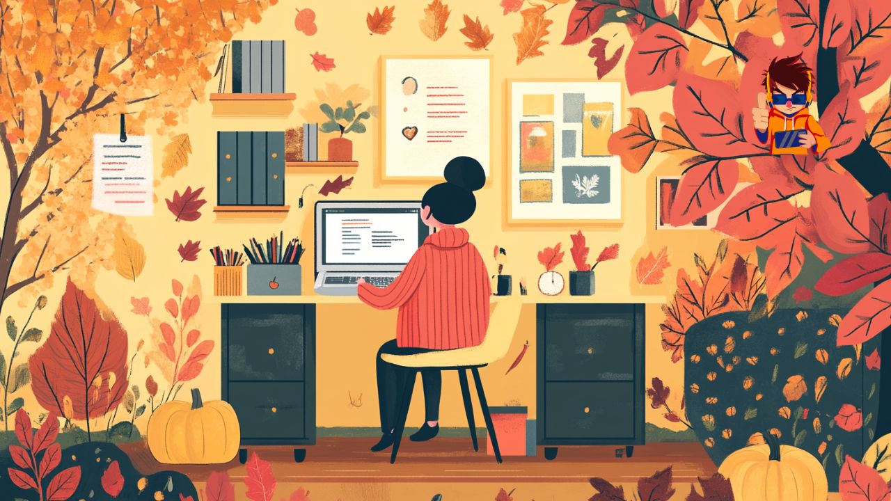 Warm Up Your Campaigns Digital Marketing Ideas for the Fall Season Illustration of a marketer working on fall-themed digital marketing campaigns, surrounded by autumn elements like leaves, pumpkins, and cozy warm colors.