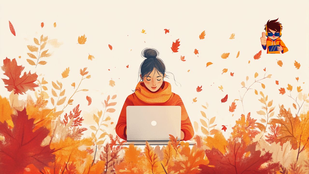 Why Fall is the Perfect Time to Refresh Your Digital Marketing Strategy Illustration of a marketer adjusting a digital strategy on a laptop, with fall leaves and seasonal elements around to represent the autumn refresh.
