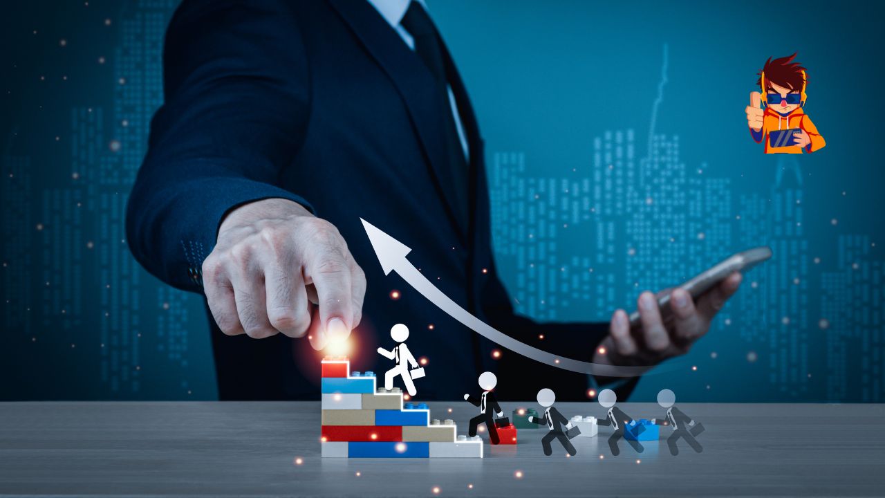 A hand of a man in a suit pointing to an upward arrow chart symbolizing business growth, with miniature figures climbing a staircase made of colorful blocks. In the background, a digital cityscape with subtle lights is visible, along with an animated character in the top right corner. The image represents the concept of using CRM data to drive business growth.
