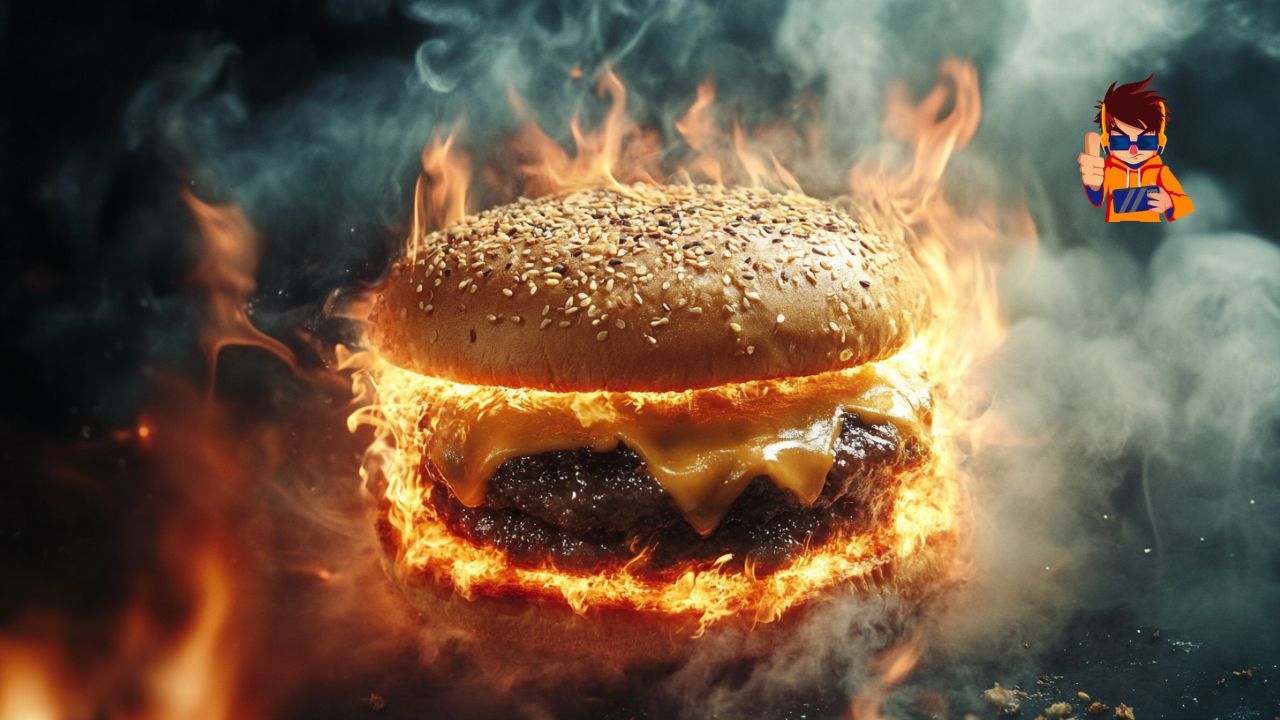 The Most Bizarre Marketing Campaigns That Somehow Worked A sizzling cheeseburger with sesame seed bun engulfed in dramatic flames and smoke, creating a fiery, attention-grabbing visual. The image conveys intensity and passion, aligning with bold and unconventional marketing themes.