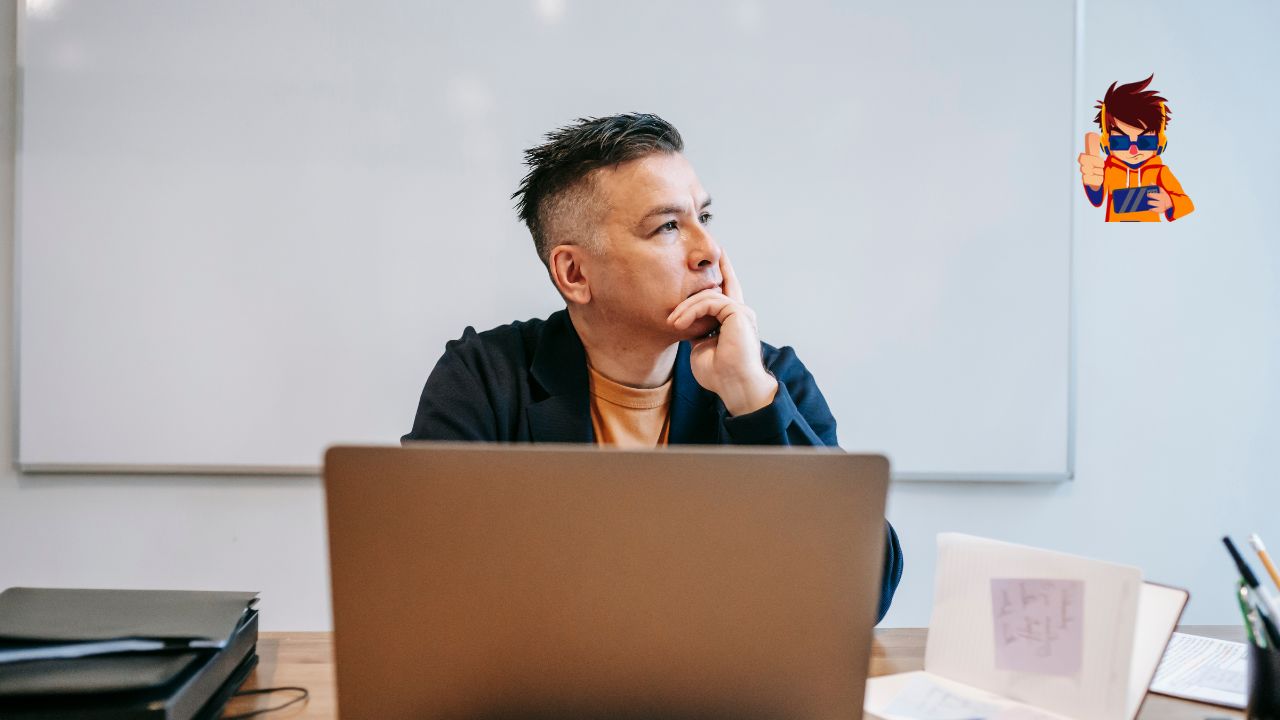 The Science of Deep Work How to Maximize Your Focus in a Distracted World A person sitting at a desk with a laptop, gazing thoughtfully into the distance with a hand resting on their chin. The background features a whiteboard, symbolizing focus, deep thought, and a distraction-free work environment.