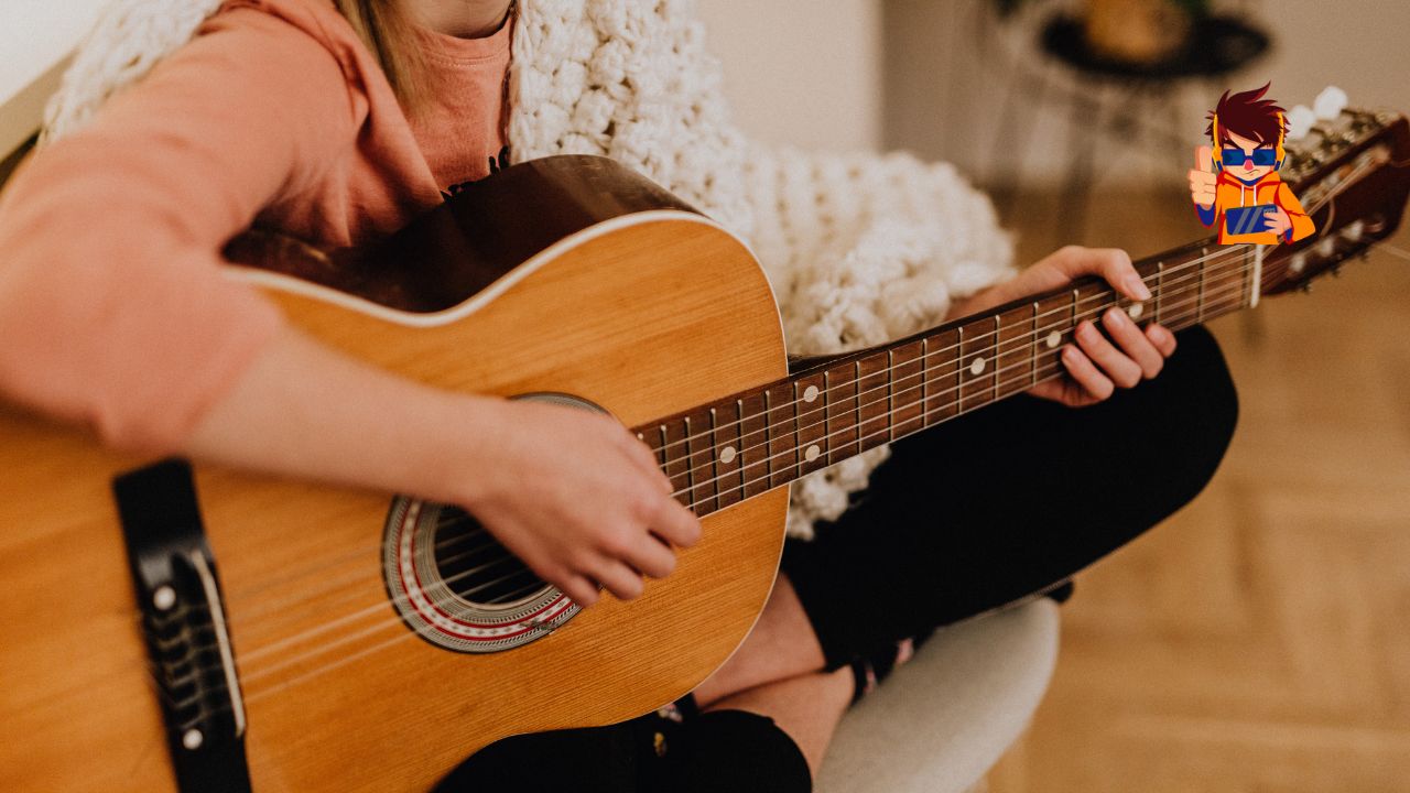 The Unexpected Benefits of Learning a New Hobby A person sitting on a chair, casually playing an acoustic guitar, wrapped in a cozy knit blanket. The warm indoor setting emphasizes relaxation and creativity, highlighting the joy and benefits of learning a new hobby.