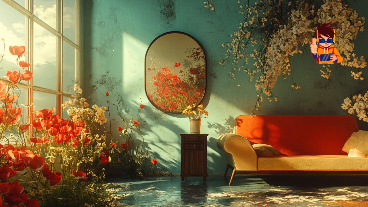 Why Everyone’s Obsessed with Vintage Aesthetics A beautifully designed vintage-inspired room with a turquoise wall, a round mirror reflecting vibrant red flowers, and a retro orange sofa. The space is adorned with blooming red poppies and white blossoms, illuminated by natural sunlight streaming through a large window. The scene captures the charm and allure of vintage aesthetics.