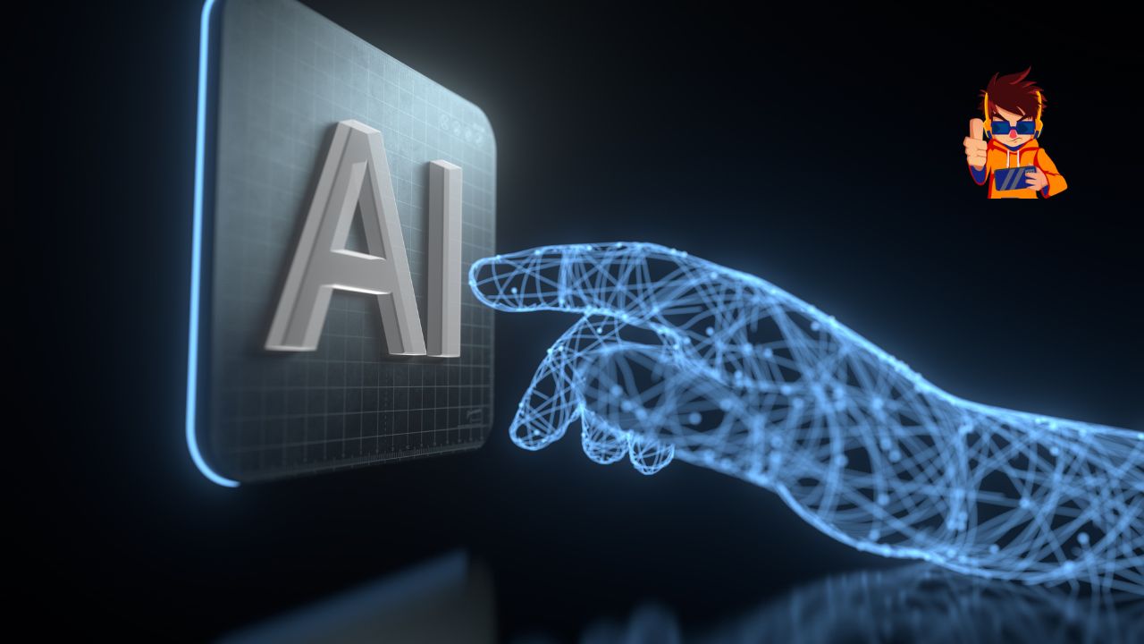 From Text to Video How SORA AI is Changing Digital Marketing A futuristic, wireframe-style hand reaching out to a glowing "AI" button on a sleek, dark interface, symbolizing the cutting-edge integration of artificial intelligence in technology.