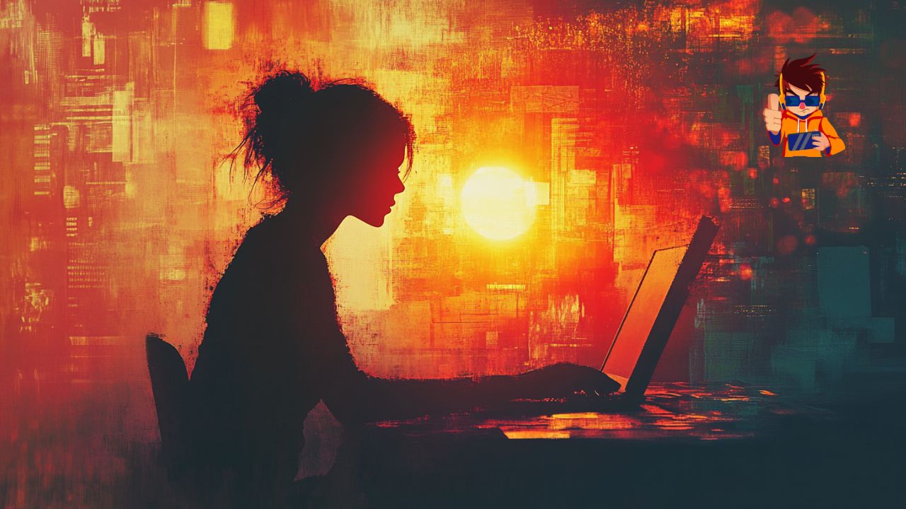 How to Overcome Procrastination and Find Your Flow A silhouette of a woman working on a laptop against a vibrant backdrop of abstract digital patterns and a glowing sun, symbolizing focus, creativity, and overcoming challenges.