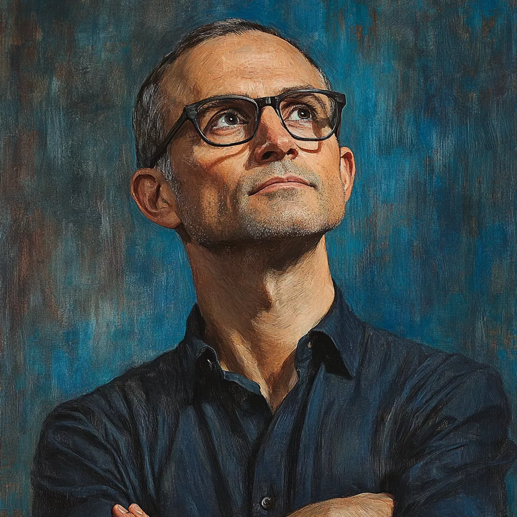 A detailed portrait of Satya Nadella wearing glasses and a dark shirt, gazing thoughtfully upward against a textured blue background.