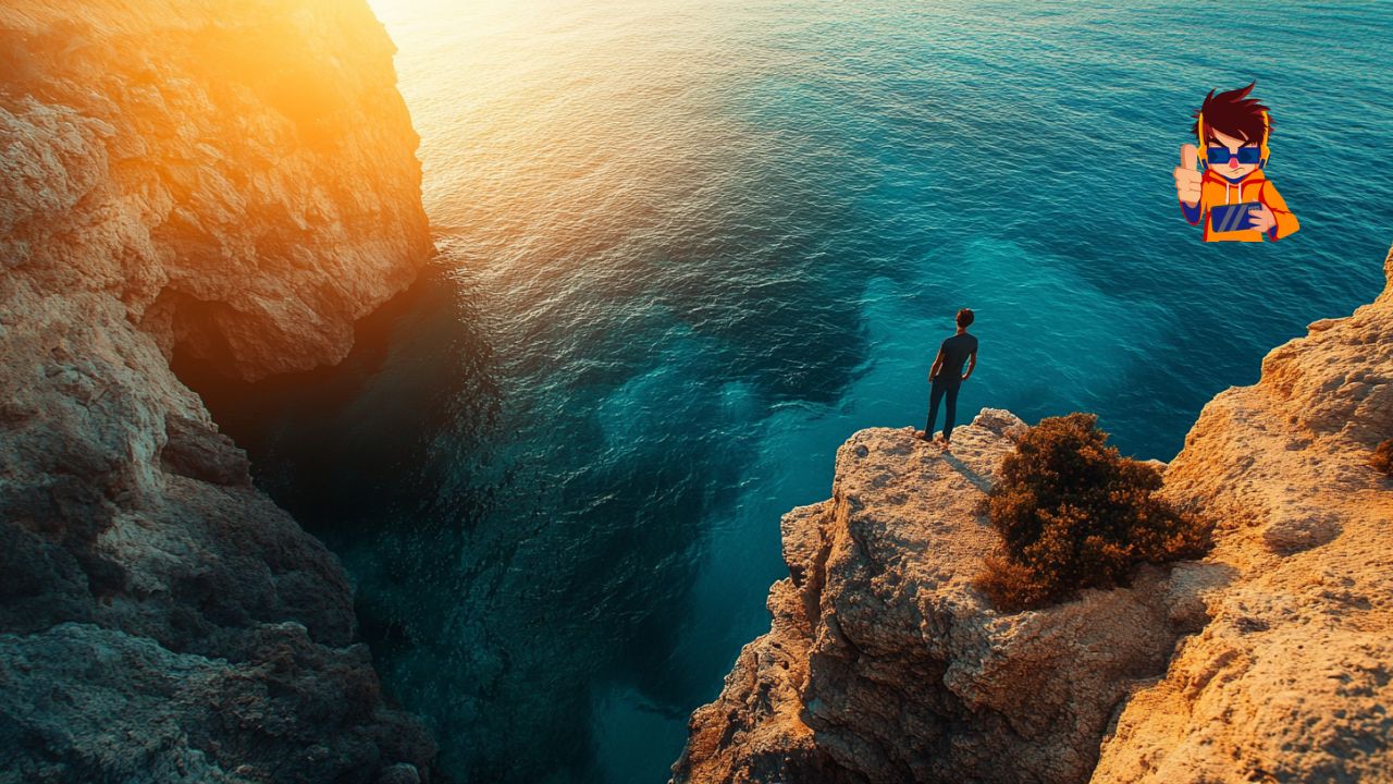 The Courage to Try Why Taking Risks Is the First Step to Greatness A person standing on the edge of a rocky cliff overlooking a serene blue ocean, bathed in warm sunlight, symbolizing courage, risk-taking, and exploration.