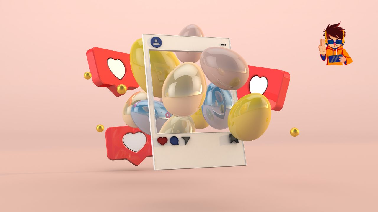 The Fascinating World of Digital Easter Eggs in Apps and Games A playful 3D composition featuring a social media post frame surrounded by heart icons, chat bubbles, and colorful Easter egg shapes, symbolizing hidden surprises in the digital world.