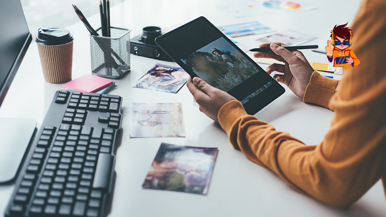 The Role of Happy Accidents in Creative Campaigns Close-up of a person editing photos on a tablet, surrounded by printed images, a keyboard, a coffee cup, and stationery on a desk.