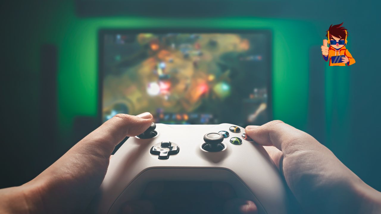 What Your Favorite Video Game Says About Your Work Style Close-up of hands holding a white video game controller while playing a colorful action game displayed on a screen in the background.