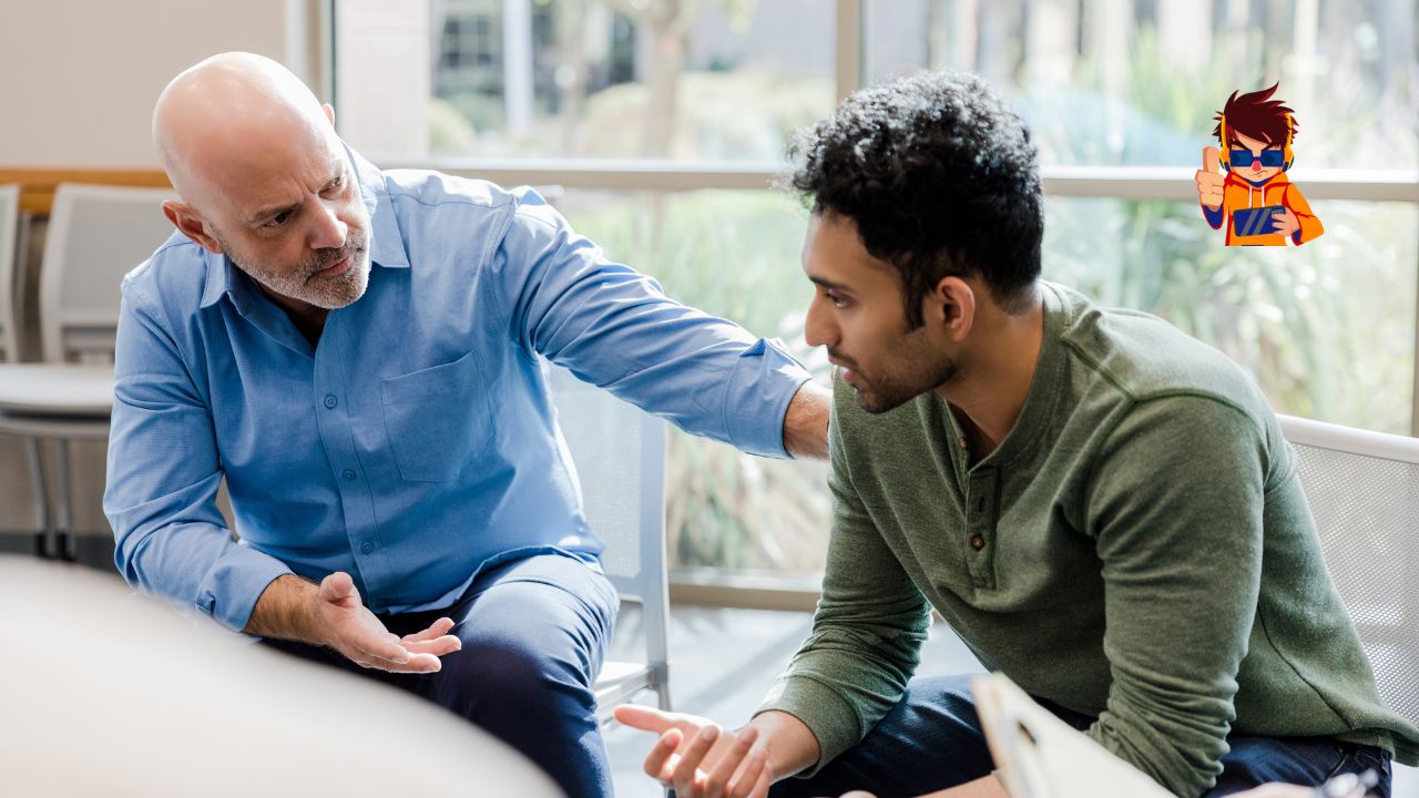 Why Empathy Is the Secret Ingredient for Great Leadership A senior man in a blue shirt offering support and advice to a younger man in a green sweater during a one-on-one conversation in a bright office setting.