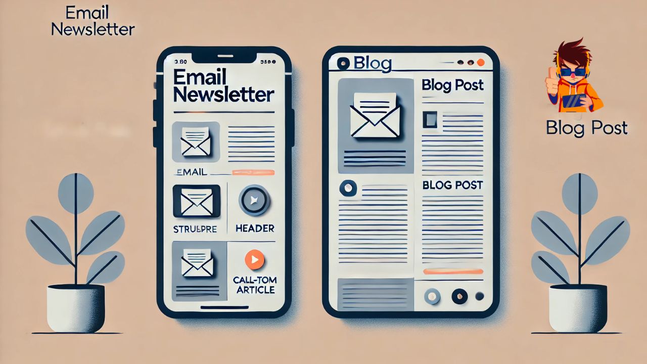 Email Newsletters vs. Blogs What Keeps Your Audience Engaged A modern illustration showing two digital devices side by side. The first device showcases an email newsletter layout with icons for email, structure, header, and call-to-action article buttons. The second device displays a blog post layout with sections for text and images. Both devices are surrounded by minimalistic plant illustrations, giving a clean and balanced design.