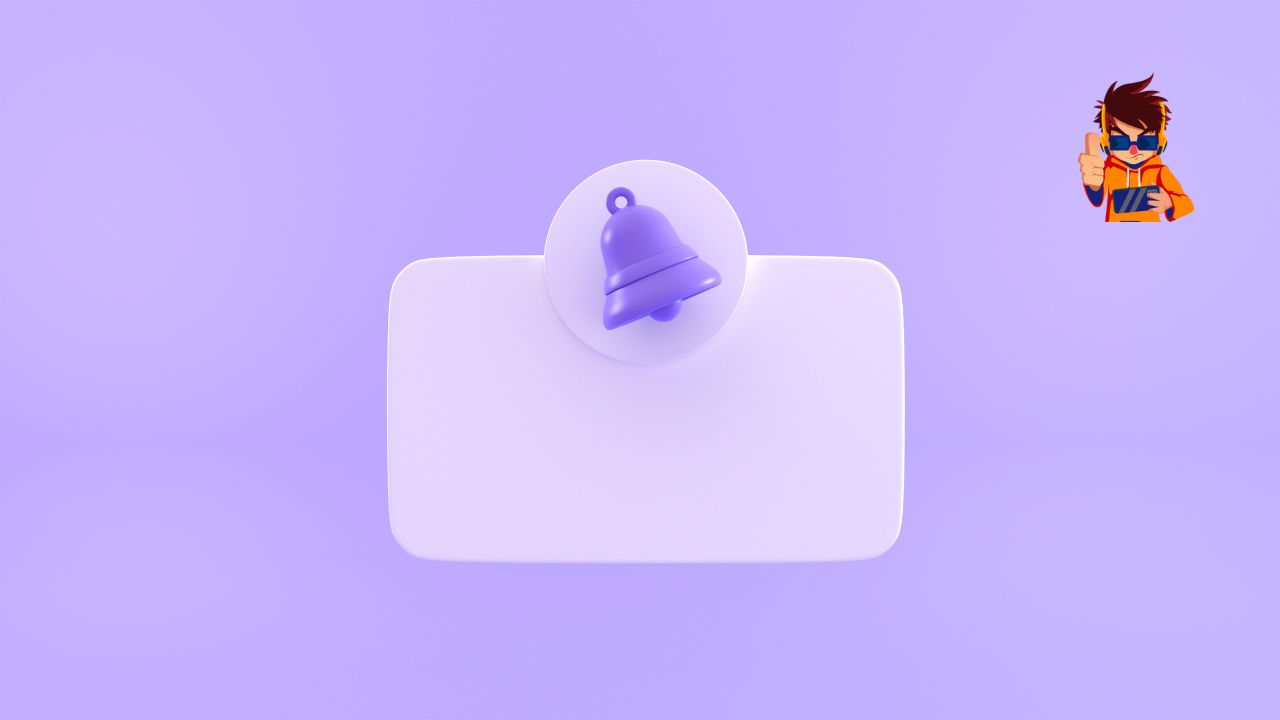 A minimalist 3D illustration of a notification bell icon on a blank rectangular panel, set against a soft purple background. A small gaming-style mascot character is in the upper right corner.