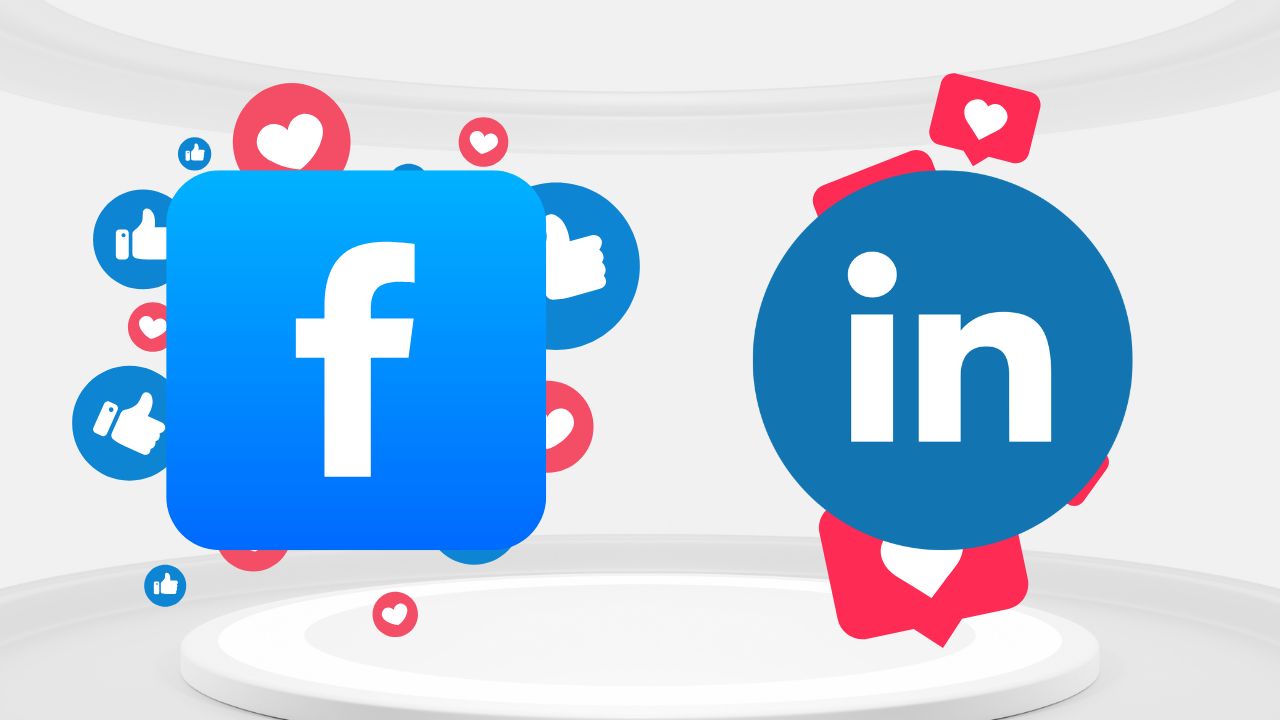 Facebook vs. LinkedIn Where Should You Run Ads A 3D-rendered digital illustration comparing Facebook and LinkedIn, with their logos prominently displayed and surrounded by engagement icons like thumbs up and hearts.