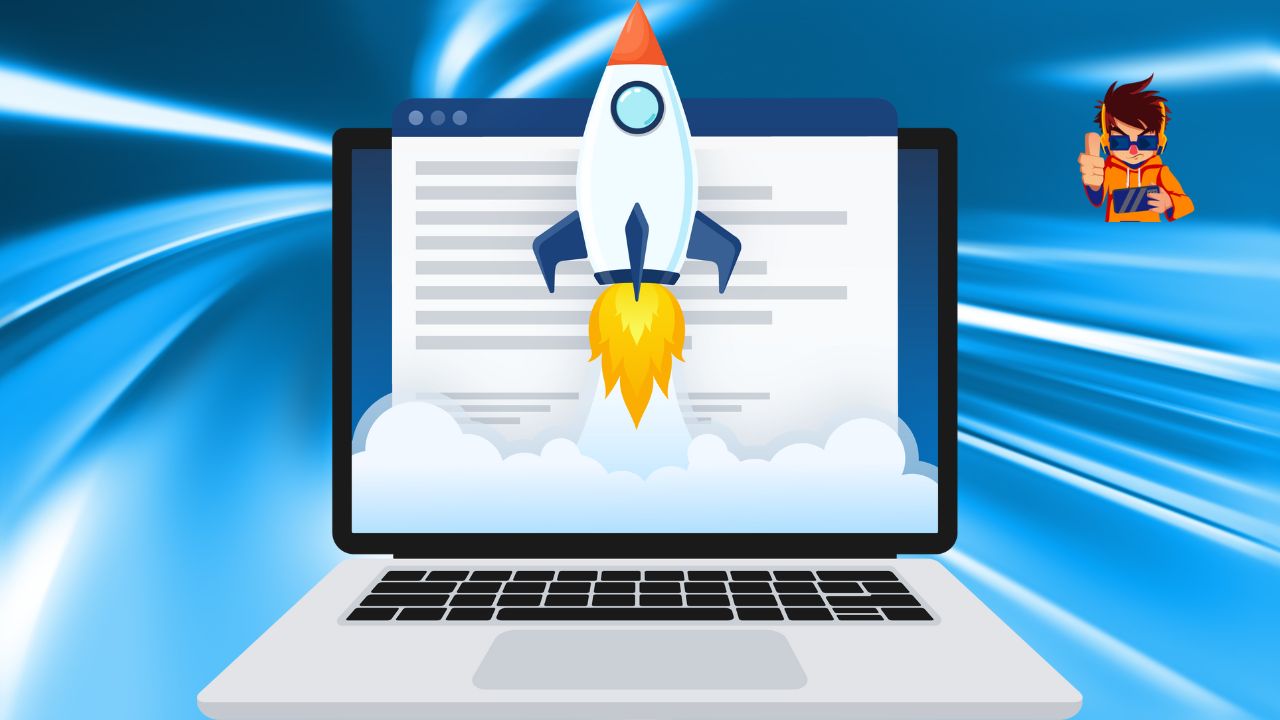A rocket launching from a laptop screen on a blue speed-motion background, symbolizing fast website performance.
